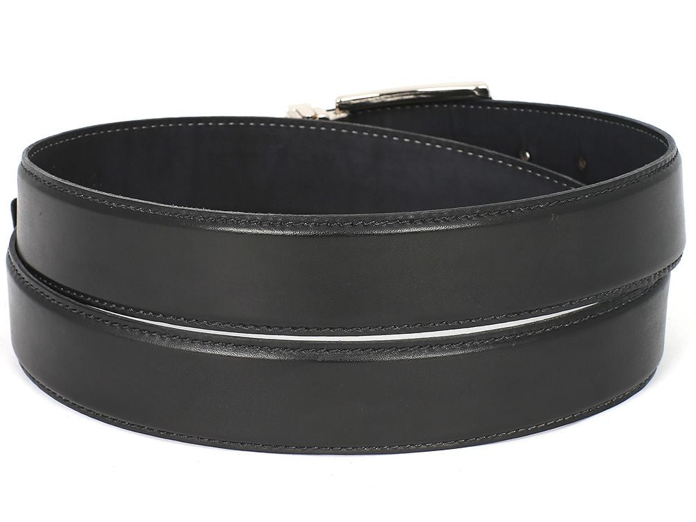 PAUL PARKMAN Men's Leather Belt, hand-painted black, crafted from genuine Italian calfskin leather, showcasing a sleek and elegant design.