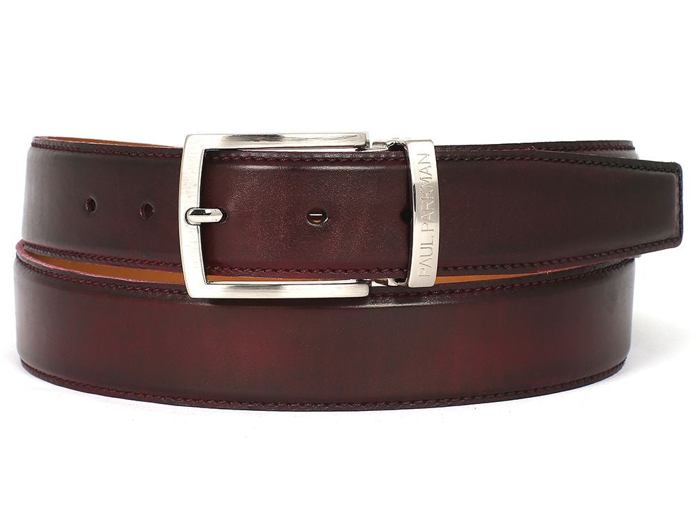 PAUL PARKMAN Men's Leather Belt in dark bordeaux, showcasing hand-painted details and genuine calfskin leather.