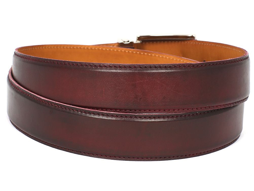 PAUL PARKMAN Men's Leather Belt in dark bordeaux, showcasing hand-painted details and genuine calfskin leather.