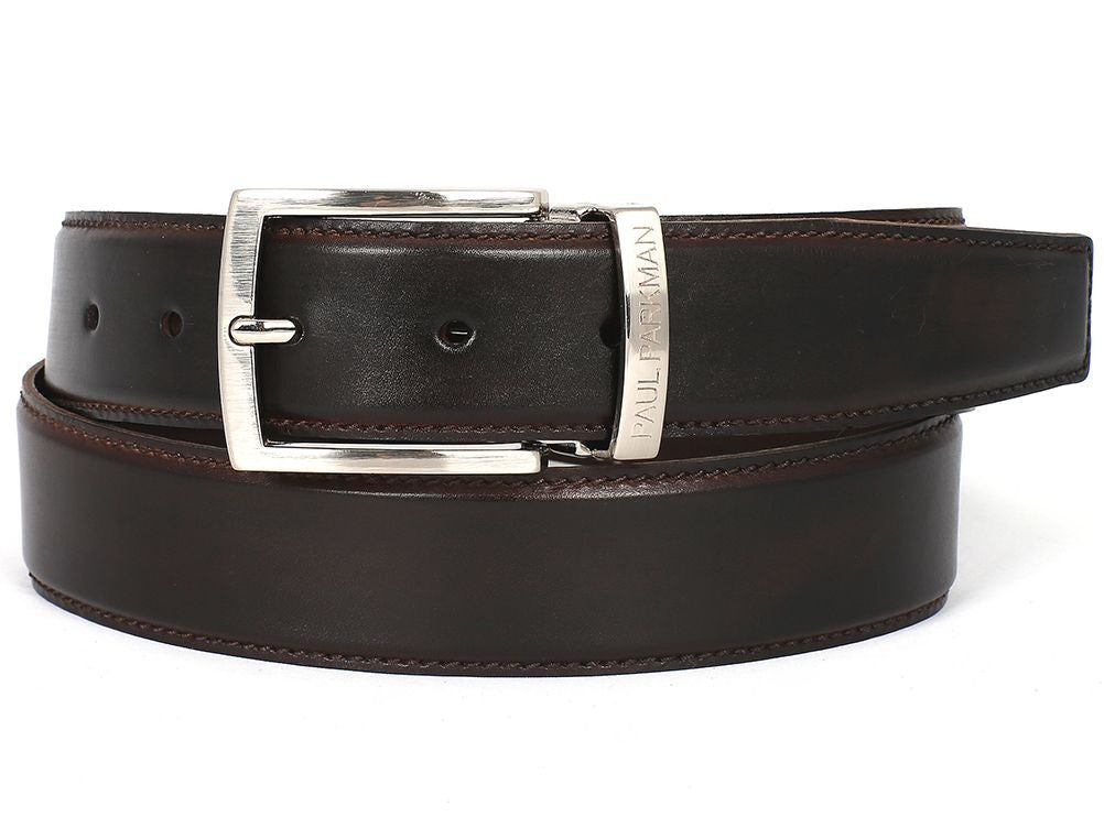 PAUL PARKMAN Men's Leather Belt in dark brown, hand-painted with genuine calfskin leather, showcasing its elegant buckle and craftsmanship.