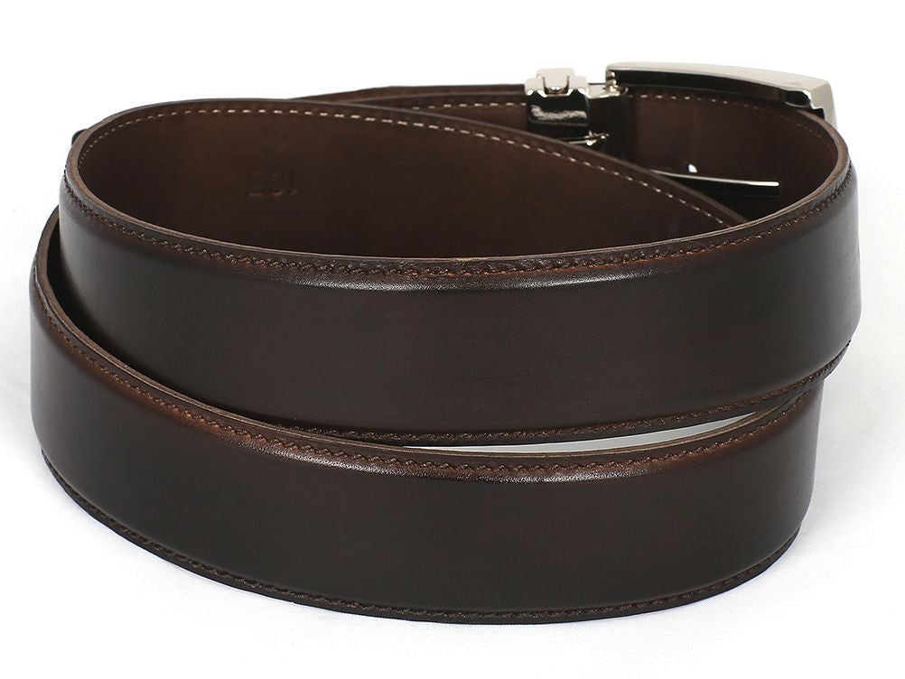 PAUL PARKMAN Men's Leather Belt in dark brown, hand-painted with genuine calfskin leather, showcasing its elegant buckle and craftsmanship.