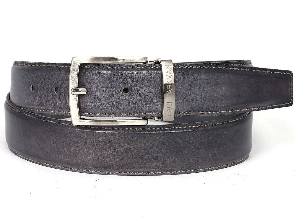 PAUL PARKMAN Men's Leather Belt in hand-painted gray, showcasing fine Italian calfskin leather with an adjustable buckle.