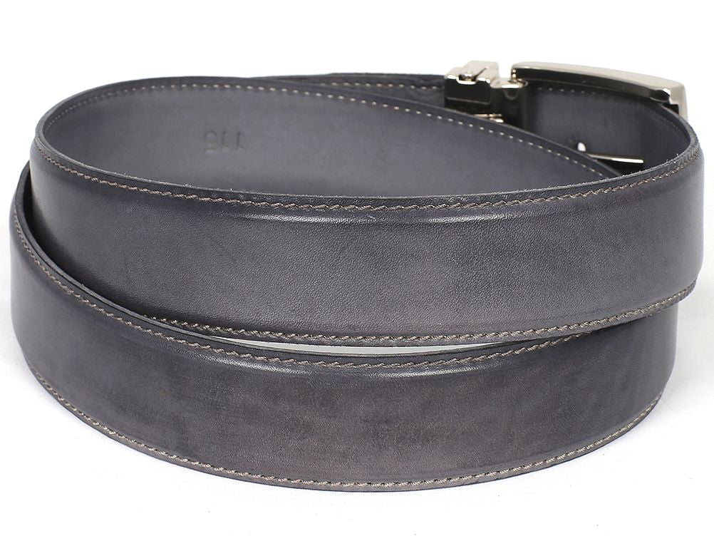 PAUL PARKMAN Men's Leather Belt in hand-painted gray, showcasing fine Italian calfskin leather with an adjustable buckle.