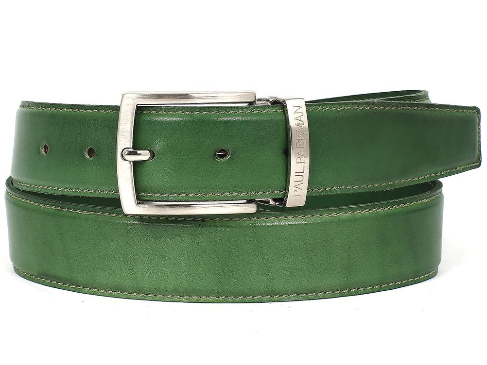 PAUL PARKMAN Men's Leather Belt in hand-painted green, showcasing fine Italian calfskin leather and adjustable buckle.