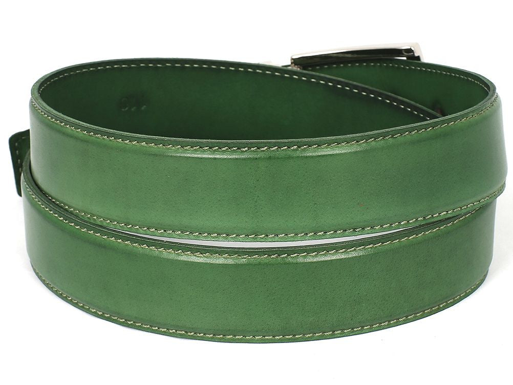 PAUL PARKMAN Men's Leather Belt in hand-painted green, showcasing fine Italian calfskin leather and adjustable buckle.