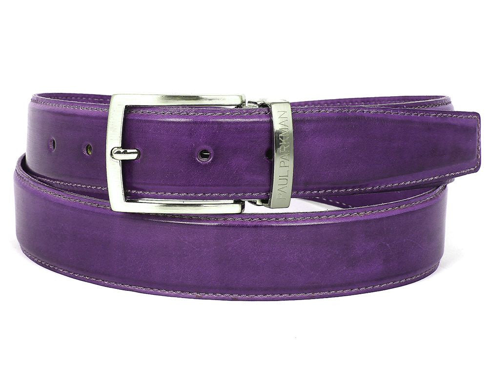 PAUL PARKMAN Men's Leather Belt in hand-painted purple, showcasing fine Italian calfskin leather and adjustable buckle.