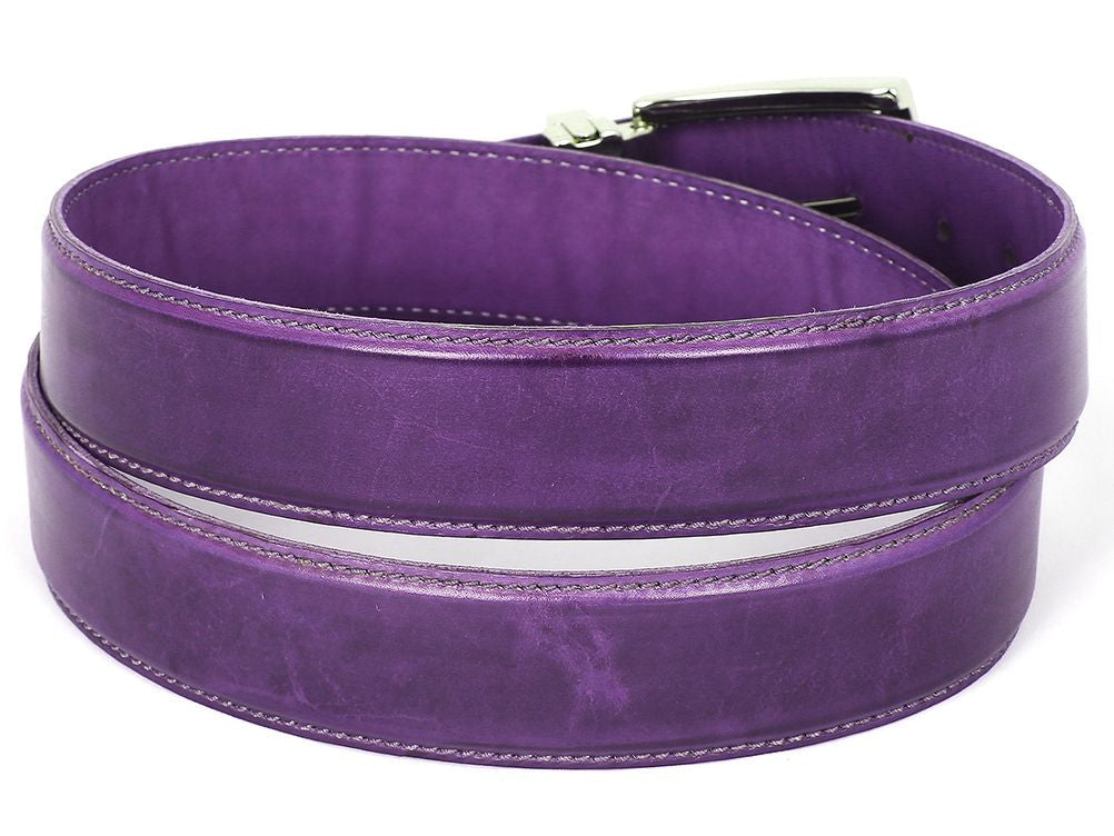 PAUL PARKMAN Men's Leather Belt in hand-painted purple, showcasing fine Italian calfskin leather and adjustable buckle.