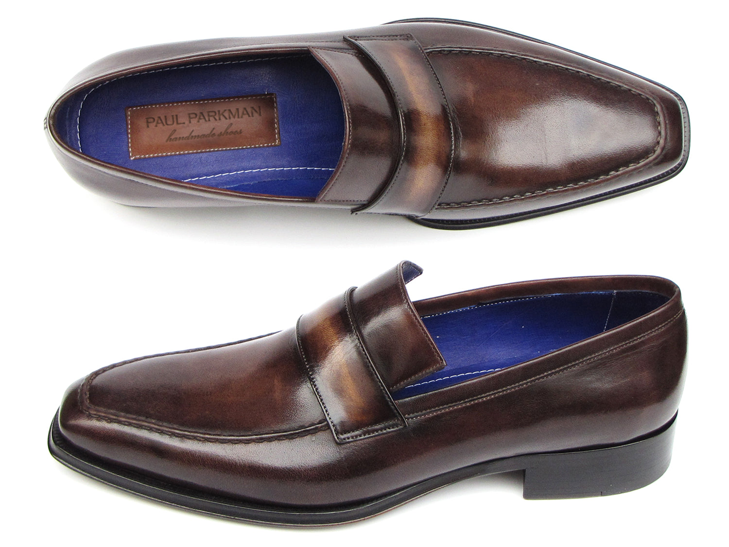 Paul Parkman Men's Loafer in bronze hand-painted leather with blue lining, showcasing unique craftsmanship and elegant design.