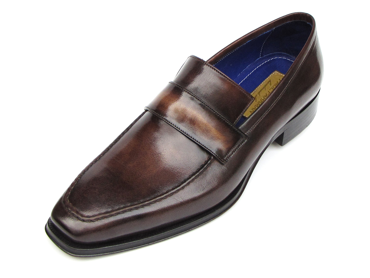 Paul Parkman Men's Loafer in bronze hand-painted leather with blue lining, showcasing unique craftsmanship and elegant design.