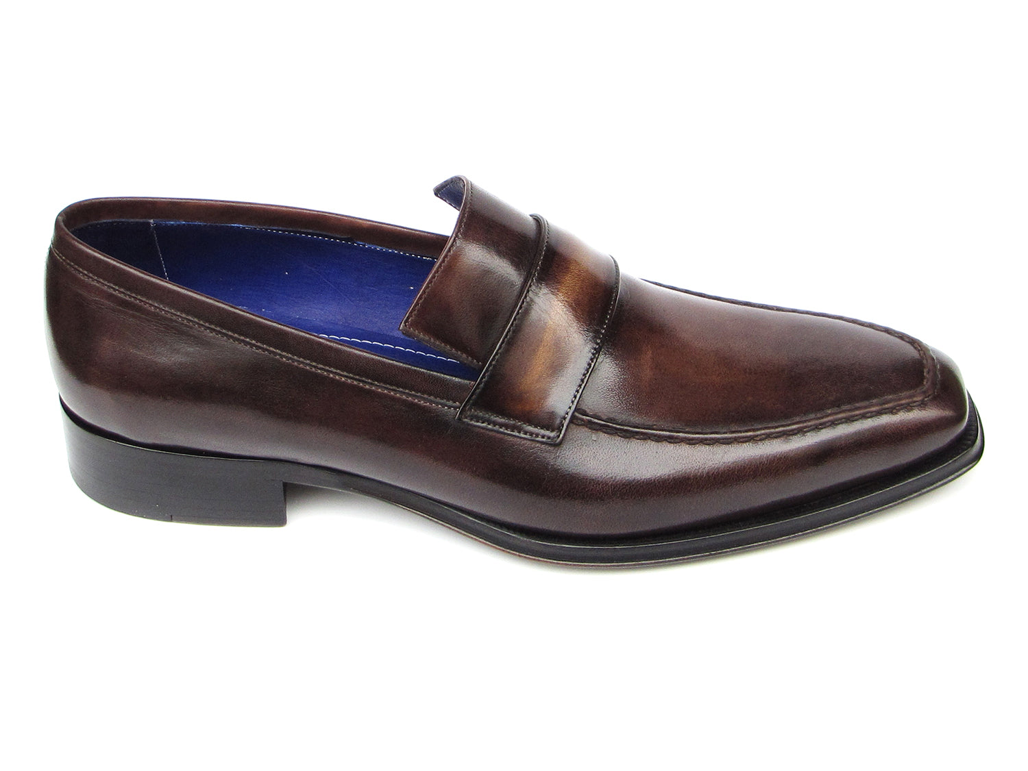 Paul Parkman Men's Loafer in bronze hand-painted leather with blue lining, showcasing unique craftsmanship and elegant design.