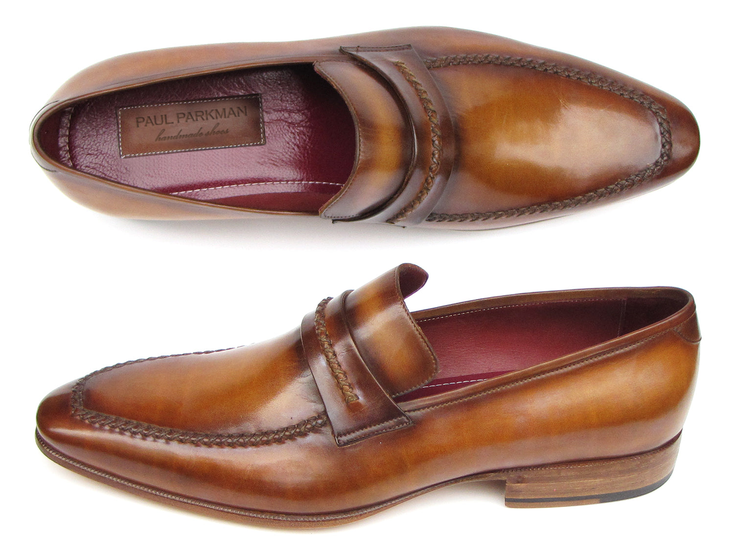 Paul Parkman Men's Loafer Brown Leather Shoes featuring a handcrafted design with antiqued finish and luxurious bordeaux lining.