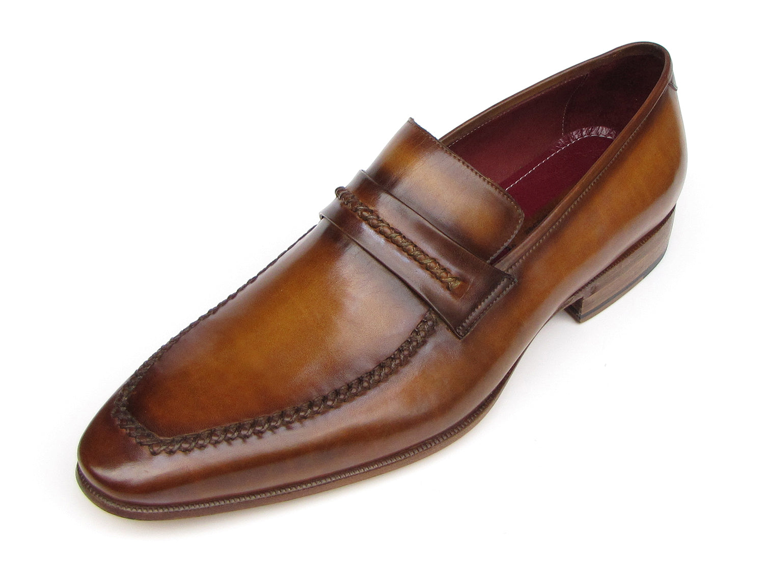 Paul Parkman Men's Loafer Brown Leather Shoes featuring a handcrafted design with antiqued finish and luxurious bordeaux lining.