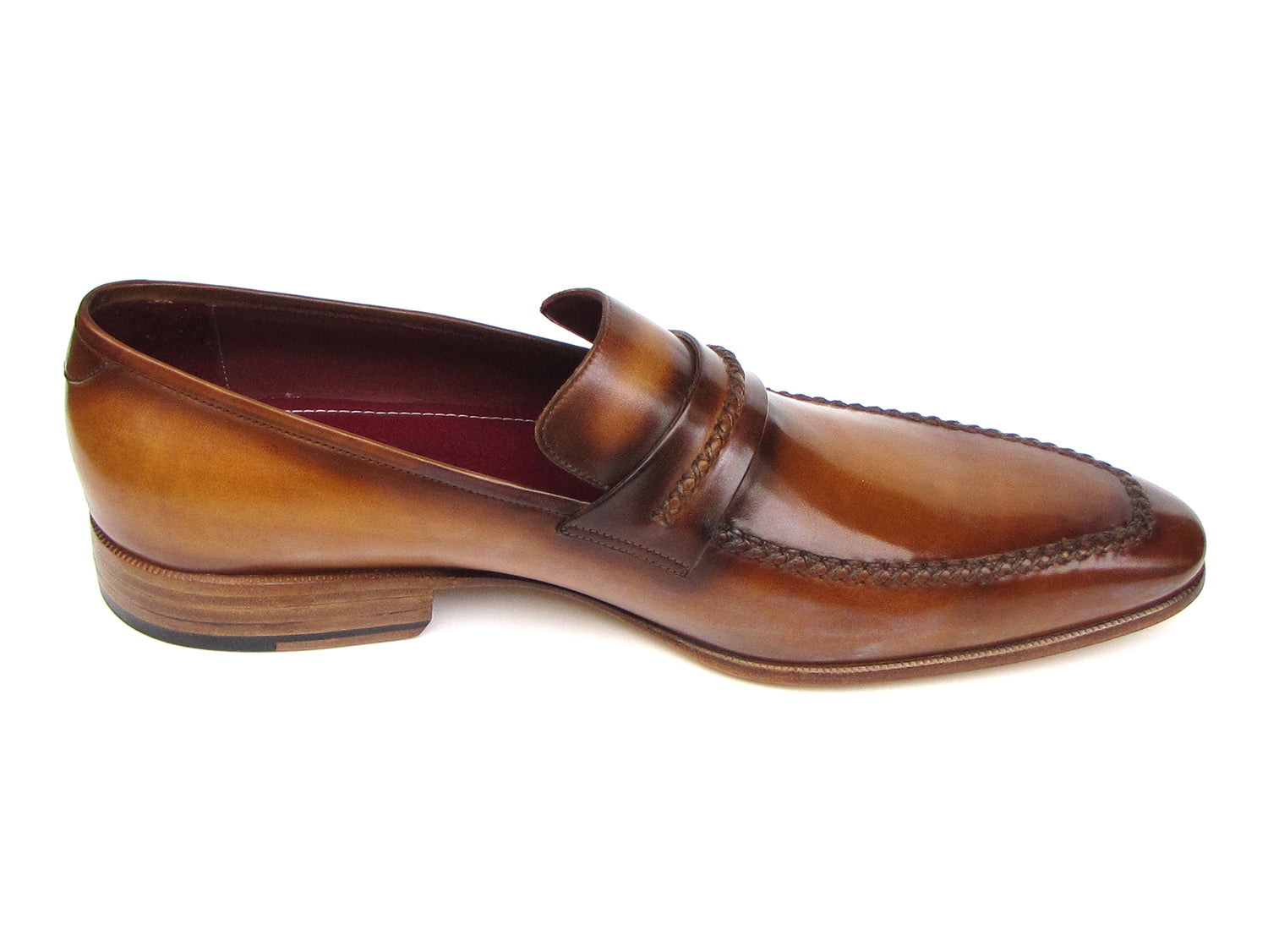 Paul Parkman Men's Loafer Brown Leather Shoes featuring a handcrafted design with antiqued finish and luxurious bordeaux lining.