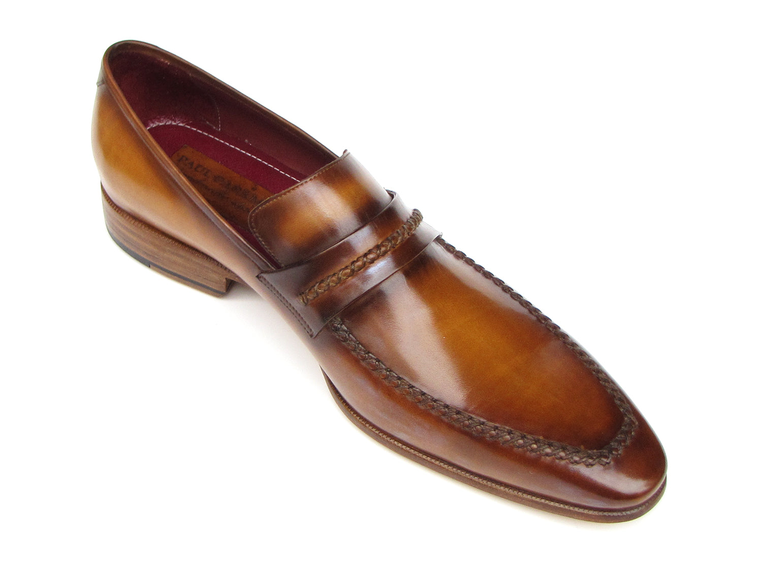 Paul Parkman Men's Loafer Brown Leather Shoes featuring a handcrafted design with antiqued finish and luxurious bordeaux lining.