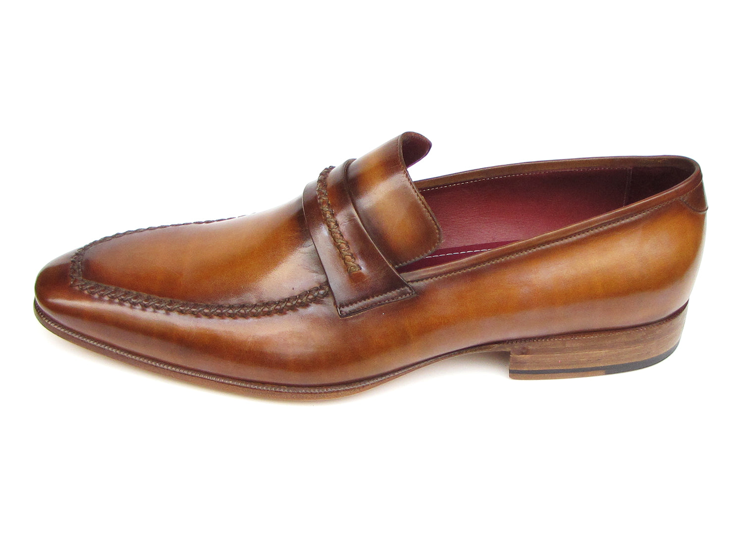 Paul Parkman Men's Loafer Brown Leather Shoes featuring a handcrafted design with antiqued finish and luxurious bordeaux lining.