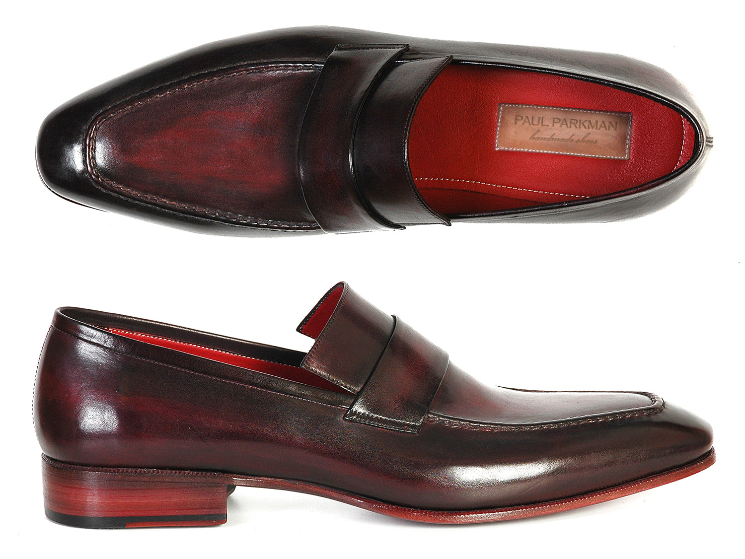 Paul Parkman Men's Loafer in purple and black, featuring a hand-painted leather upper, leather sole, and bordeaux leather lining.