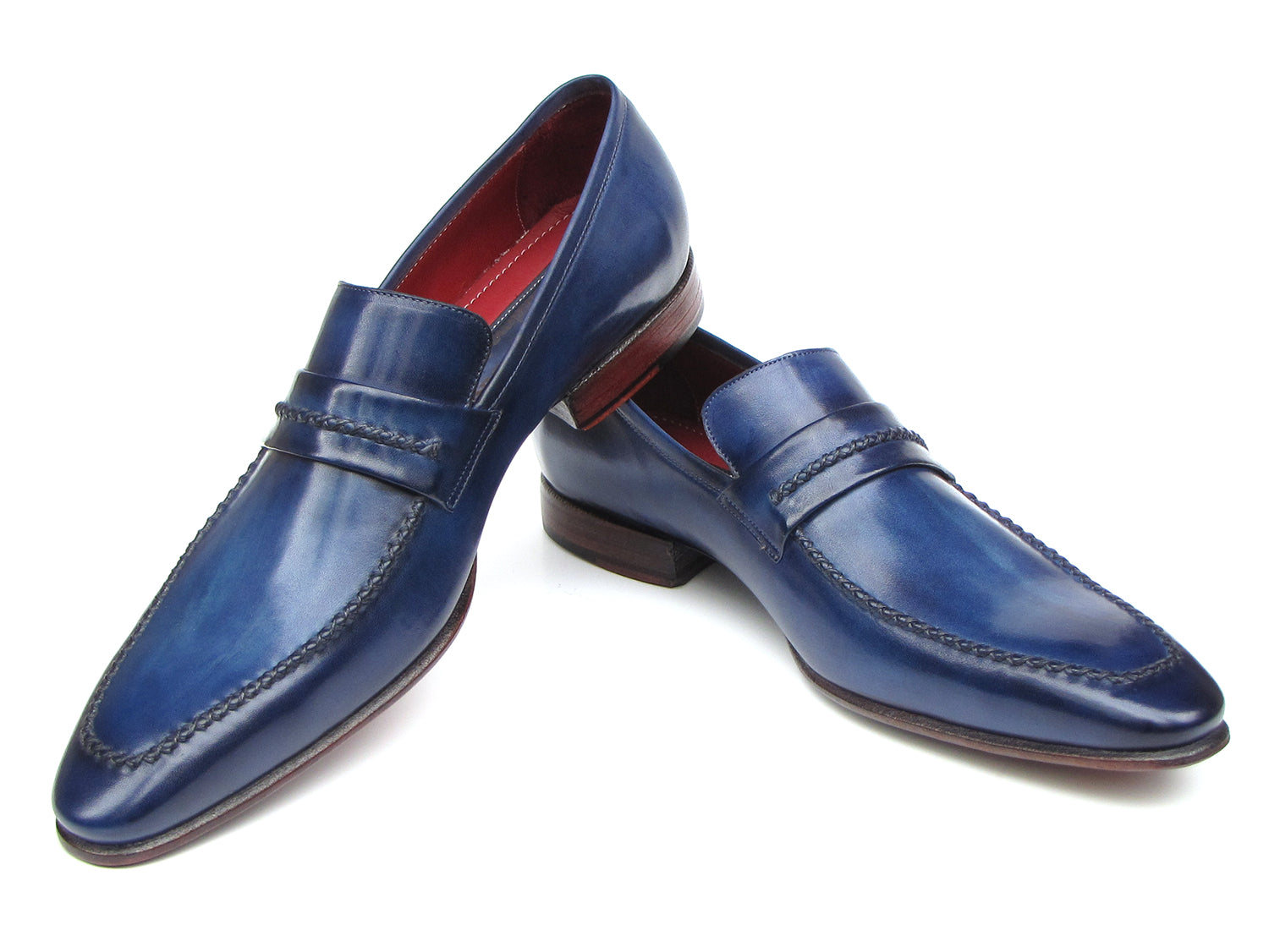 Paul Parkman Men's Navy Loafer Shoes, handcrafted from Italian calfskin leather with a unique hand-painted finish.