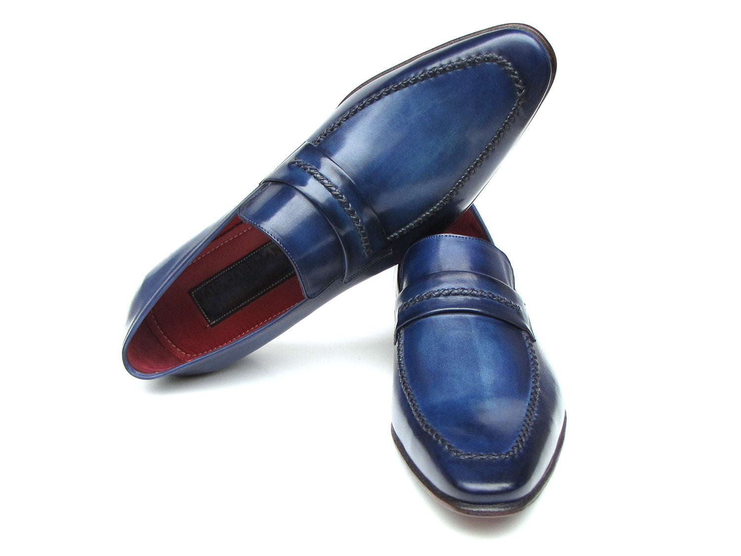 Paul Parkman Men's Navy Loafer Shoes, handcrafted from Italian calfskin leather with a unique hand-painted finish.