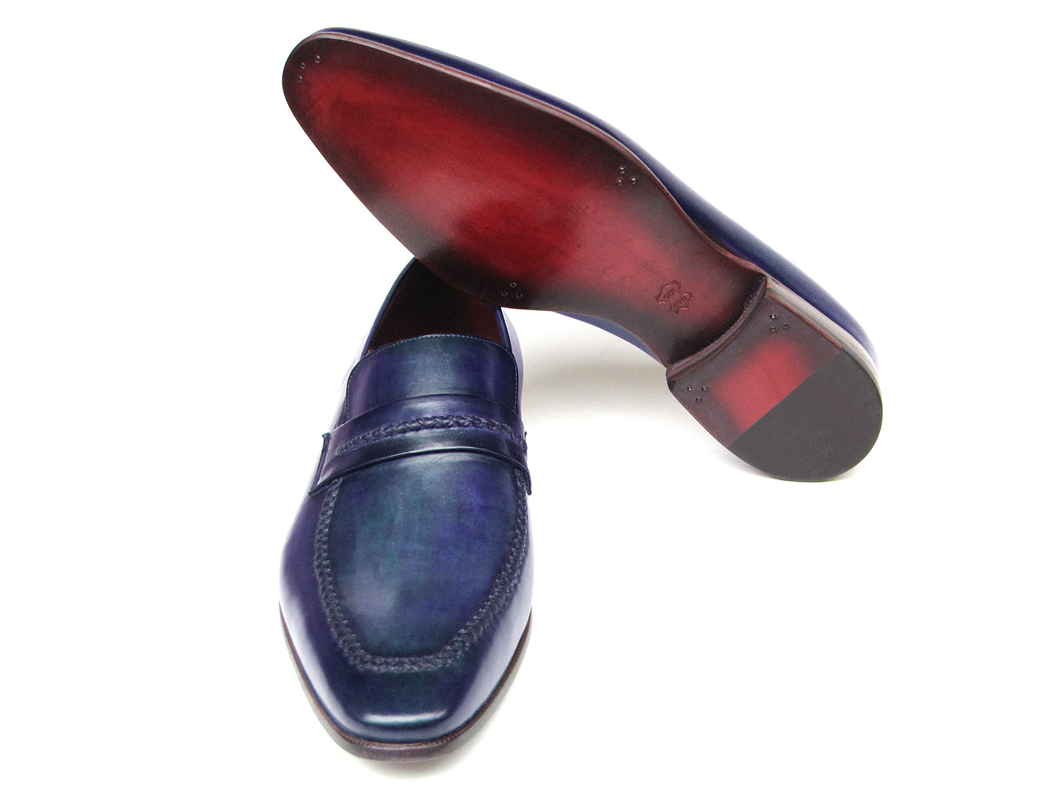 Paul Parkman Men's Navy Loafer Shoes, handcrafted from Italian calfskin leather with a unique hand-painted finish.