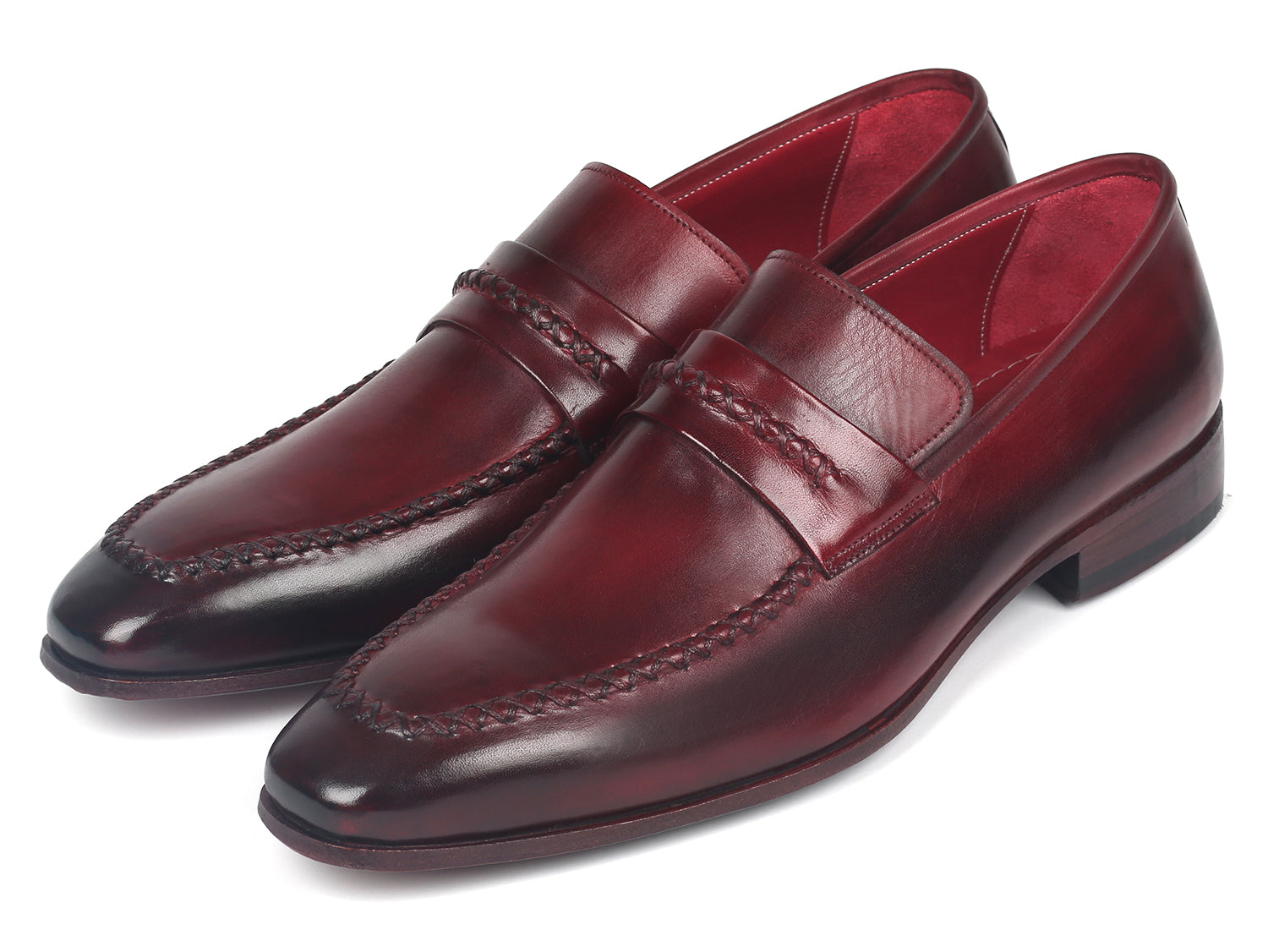 Paul Parkman Men's Loafers in Bordeaux, showcasing hand-painted leather upper and elegant design.