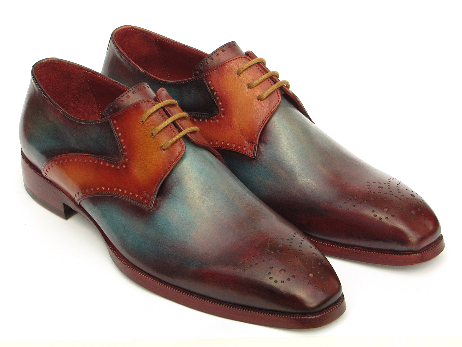 Paul Parkman Men's Multi-color Medallion Toe Derby Shoes featuring hand-painted calfskin in blue, bordeaux, and camel with a stylish design.