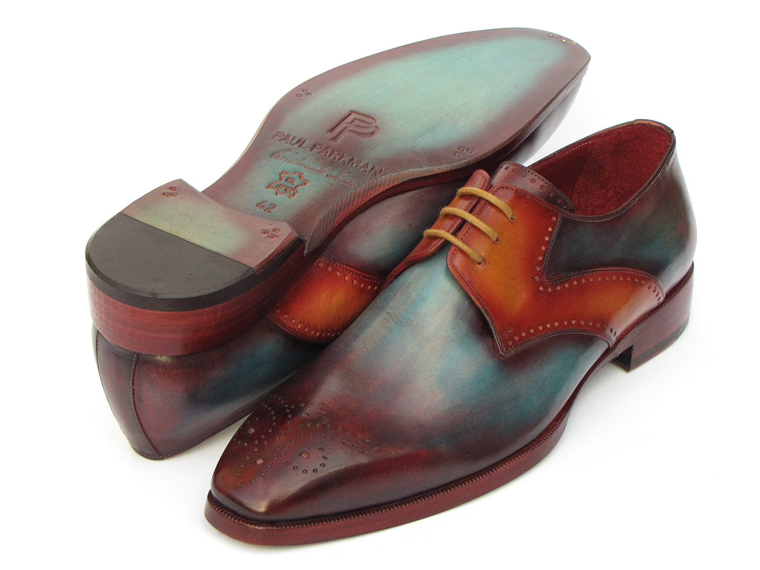 Paul Parkman Men's Multi-color Medallion Toe Derby Shoes featuring hand-painted calfskin in blue, bordeaux, and camel with a stylish design.