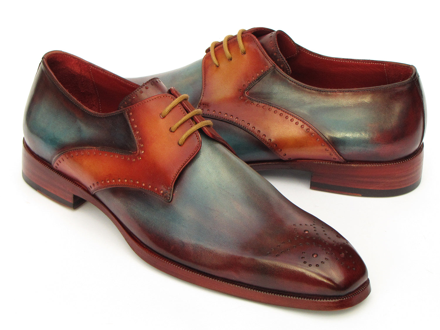 Paul Parkman Men's Multi-color Medallion Toe Derby Shoes featuring hand-painted calfskin in blue, bordeaux, and camel with a stylish design.