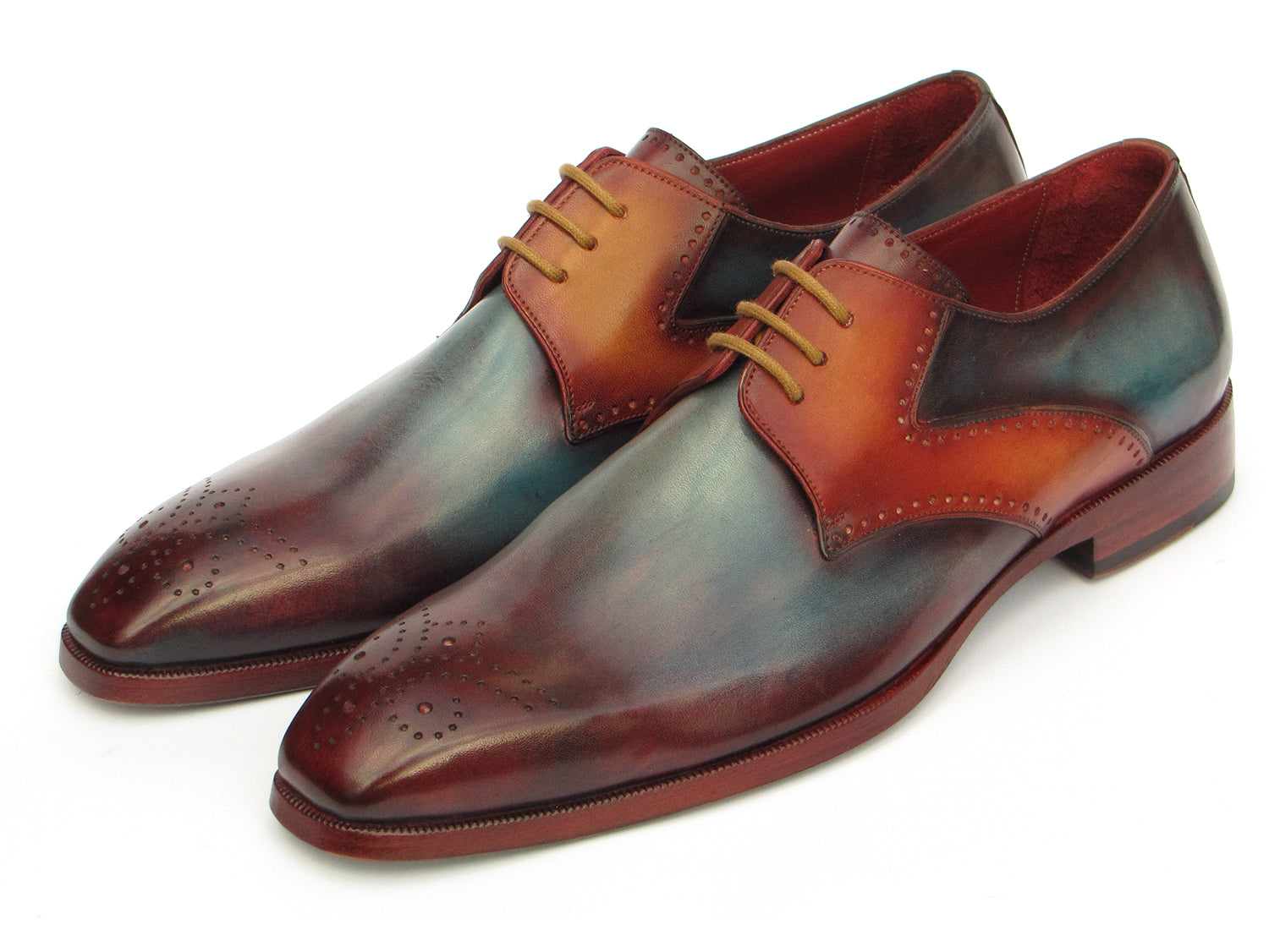 Paul Parkman Men's Multi-color Medallion Toe Derby Shoes featuring hand-painted calfskin in blue, bordeaux, and camel with a stylish design.