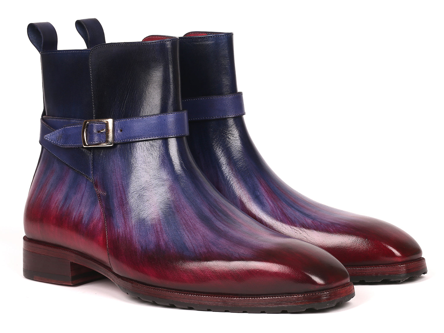 Paul Parkman Men's Multicolor Patina Jodhpur Boots featuring a unique blend of blue, purple, and bordeaux colors with a single buckle design.