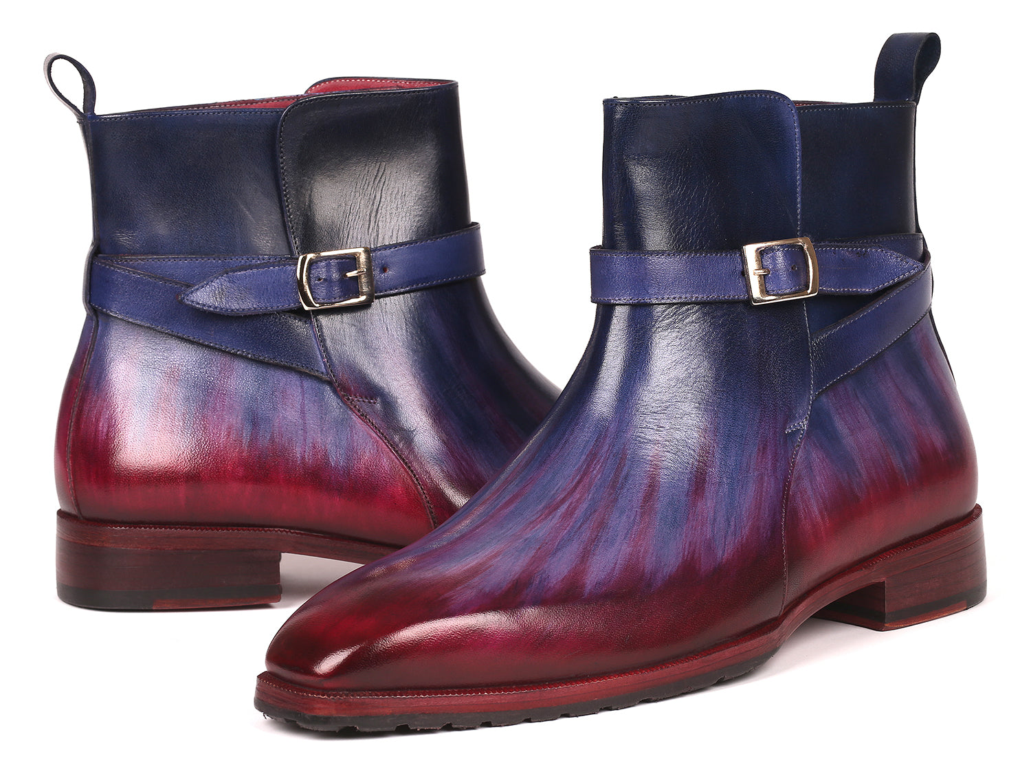 Paul Parkman Men's Multicolor Patina Jodhpur Boots featuring a unique blend of blue, purple, and bordeaux colors with a single buckle design.