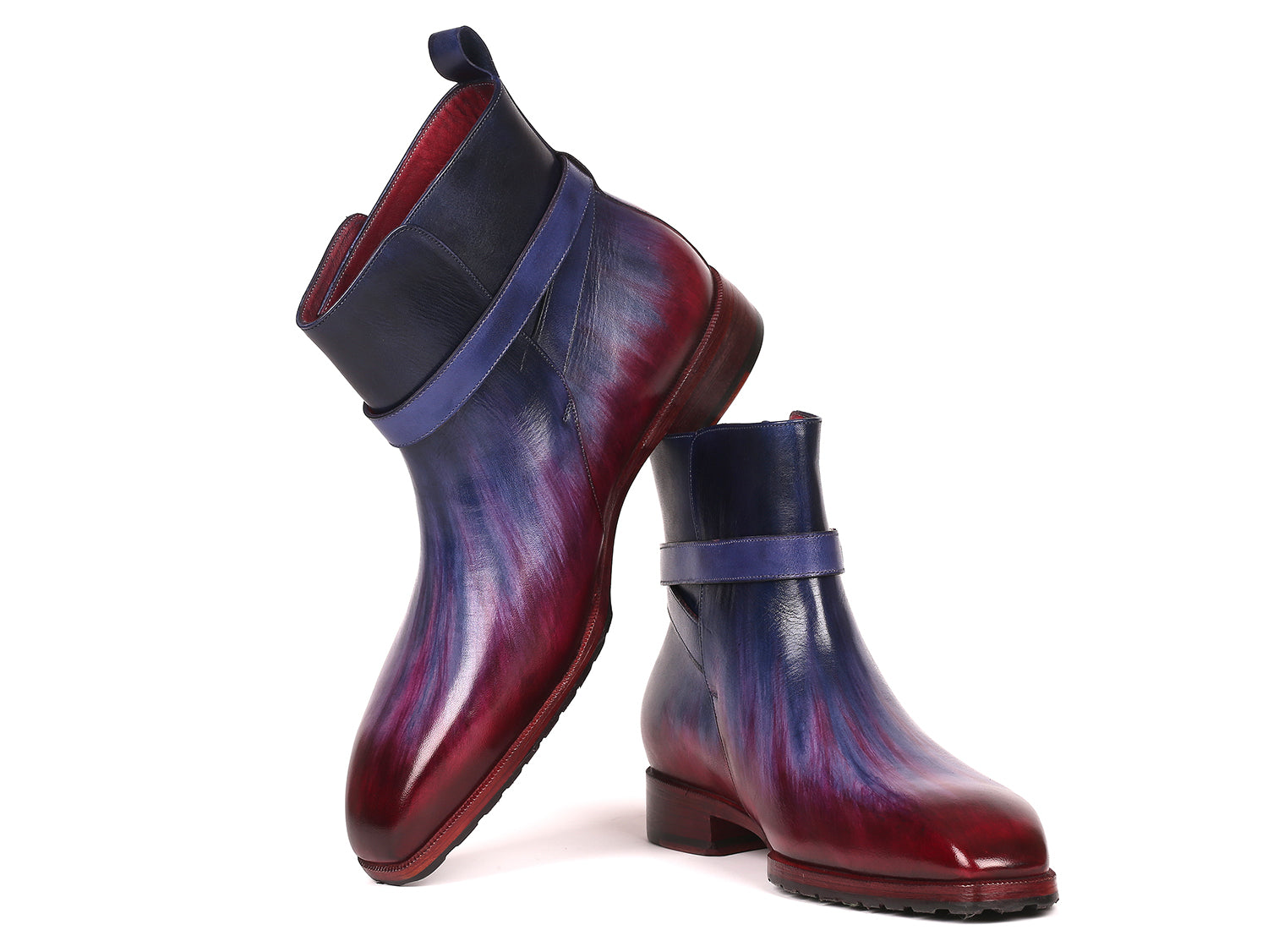 Paul Parkman Men's Multicolor Patina Jodhpur Boots featuring a unique blend of blue, purple, and bordeaux colors with a single buckle design.