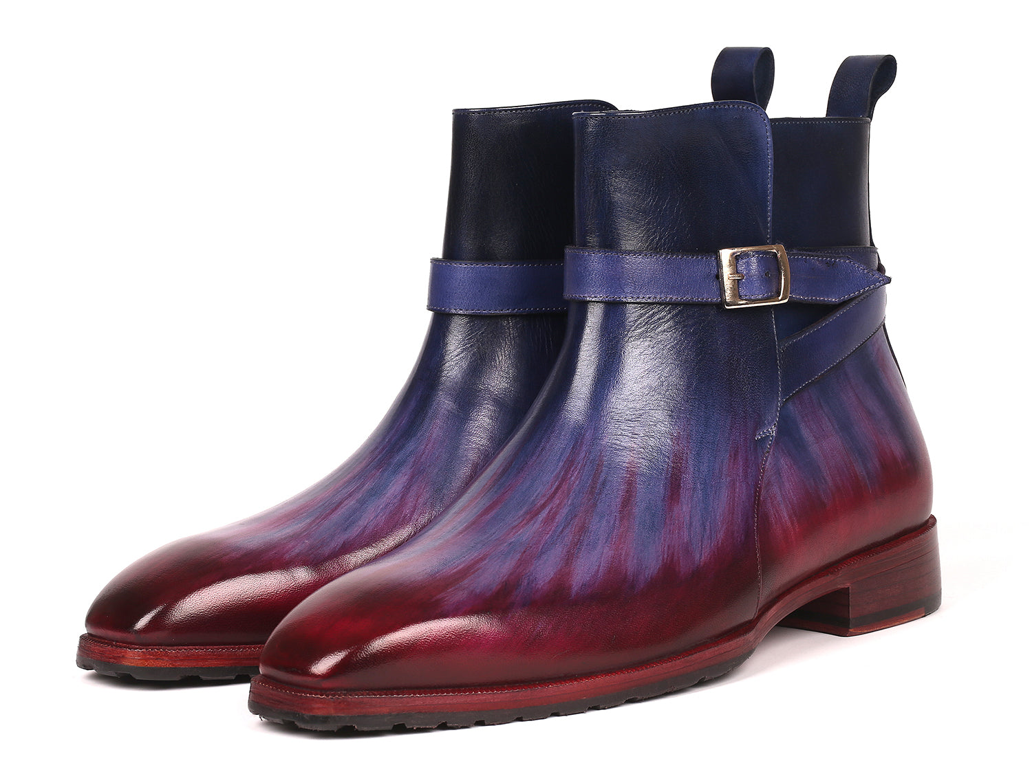 Paul Parkman Men's Multicolor Patina Jodhpur Boots featuring a unique blend of blue, purple, and bordeaux colors with a single buckle design.