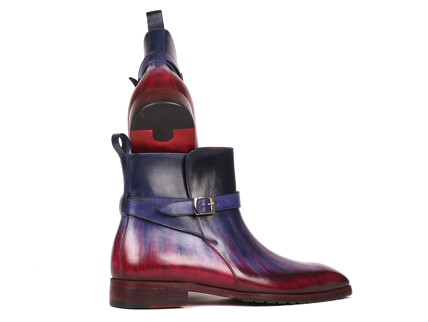 Paul Parkman Men's Multicolor Patina Jodhpur Boots featuring a unique blend of blue, purple, and bordeaux colors with a single buckle design.