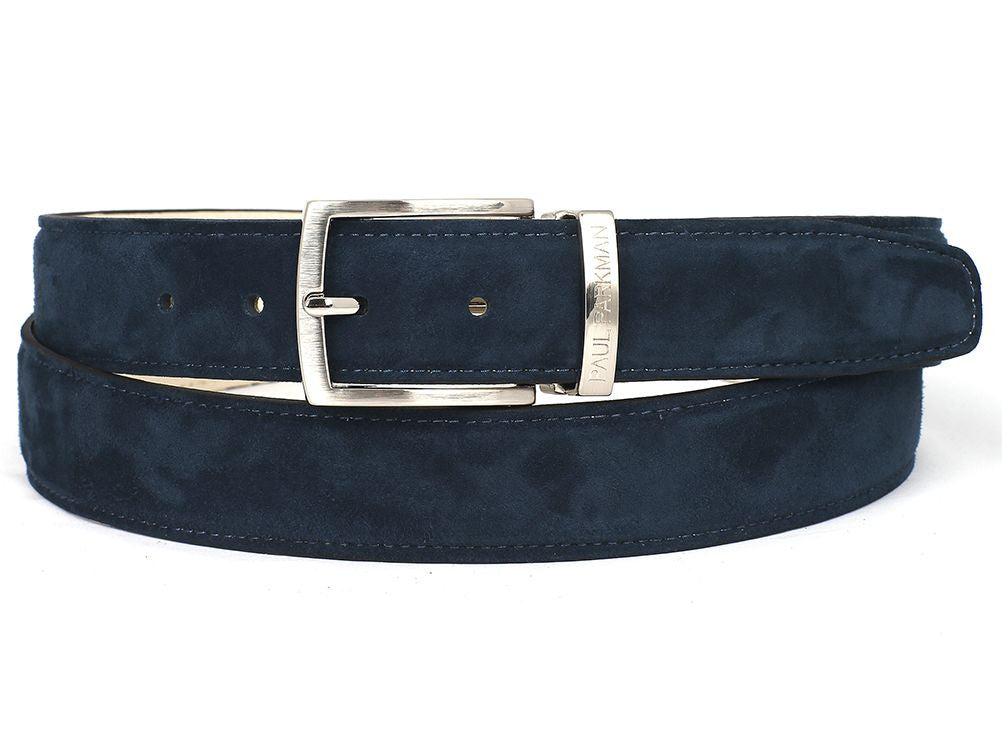 PAUL PARKMAN Men's Navy Suede Belt showcasing premium suede material and adjustable buckle.