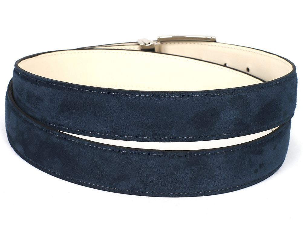 PAUL PARKMAN Men's Navy Suede Belt showcasing premium suede material and adjustable buckle.