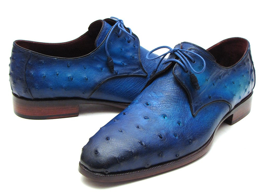 Paul Parkman Men's Ocean Color Genuine Ostrich Derby Shoes featuring an ocean-colored ostrich leather upper and purple burnished leather sole.