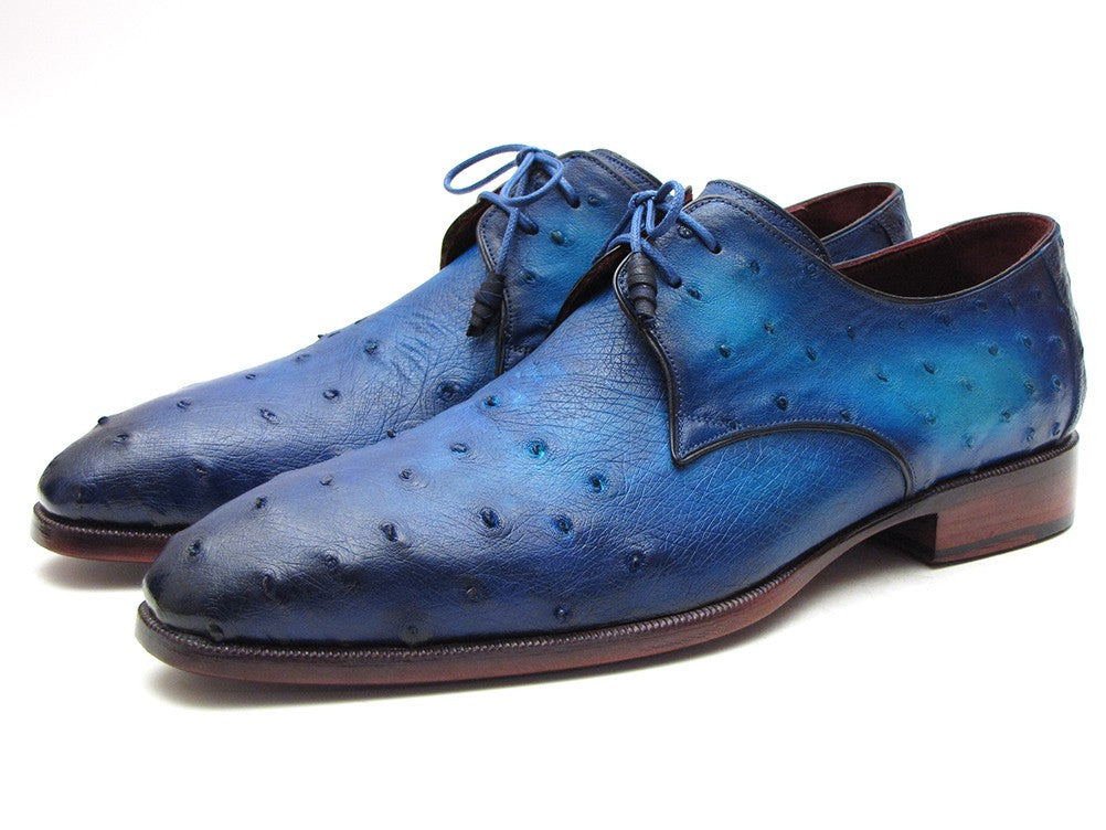 Paul Parkman Men's Ocean Color Genuine Ostrich Derby Shoes featuring an ocean-colored ostrich leather upper and purple burnished leather sole.