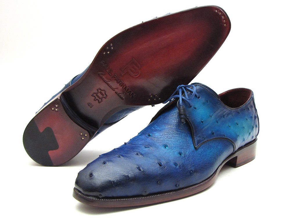 Paul Parkman Men's Ocean Color Genuine Ostrich Derby Shoes featuring an ocean-colored ostrich leather upper and purple burnished leather sole.