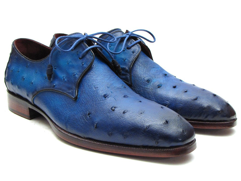 Paul Parkman Men's Ocean Color Genuine Ostrich Derby Shoes featuring an ocean-colored ostrich leather upper and purple burnished leather sole.