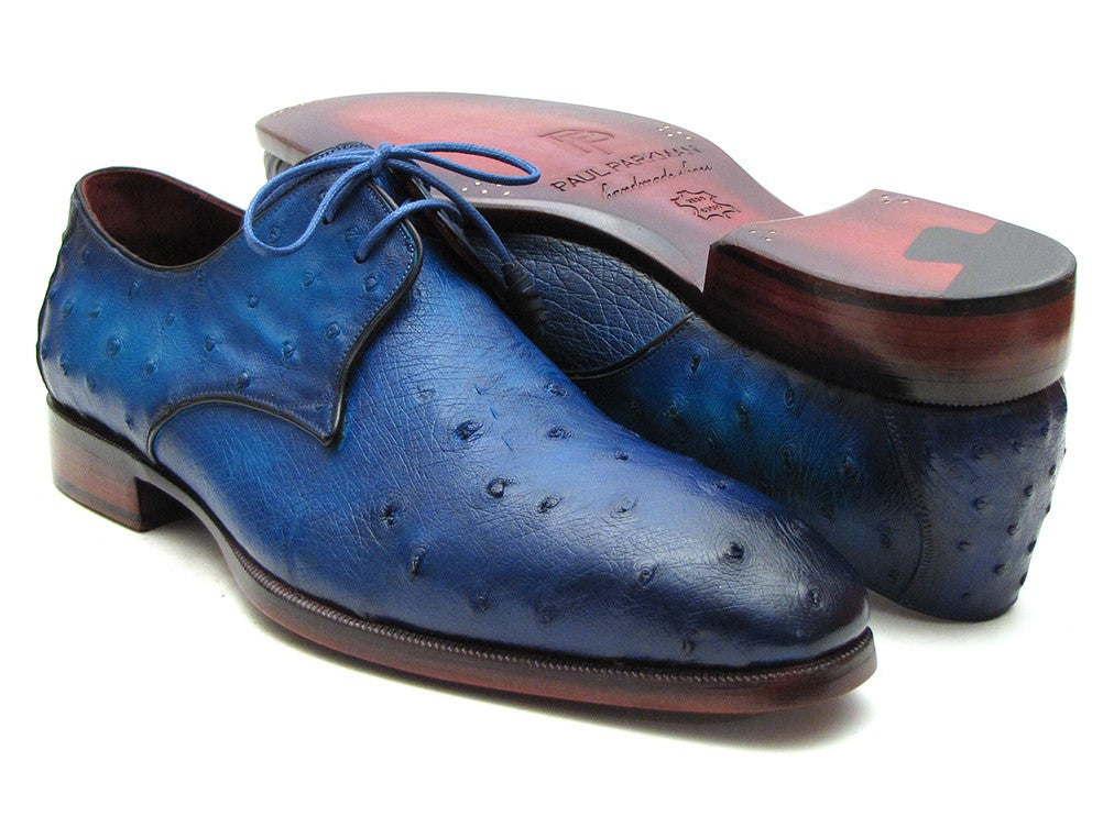 Paul Parkman Men's Ocean Color Genuine Ostrich Derby Shoes featuring an ocean-colored ostrich leather upper and purple burnished leather sole.