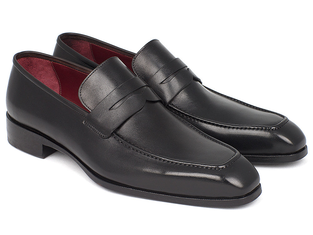 Paul Parkman Men's Penny Loafer in black calfskin leather, showcasing hand-painted finish and antique leather sole.