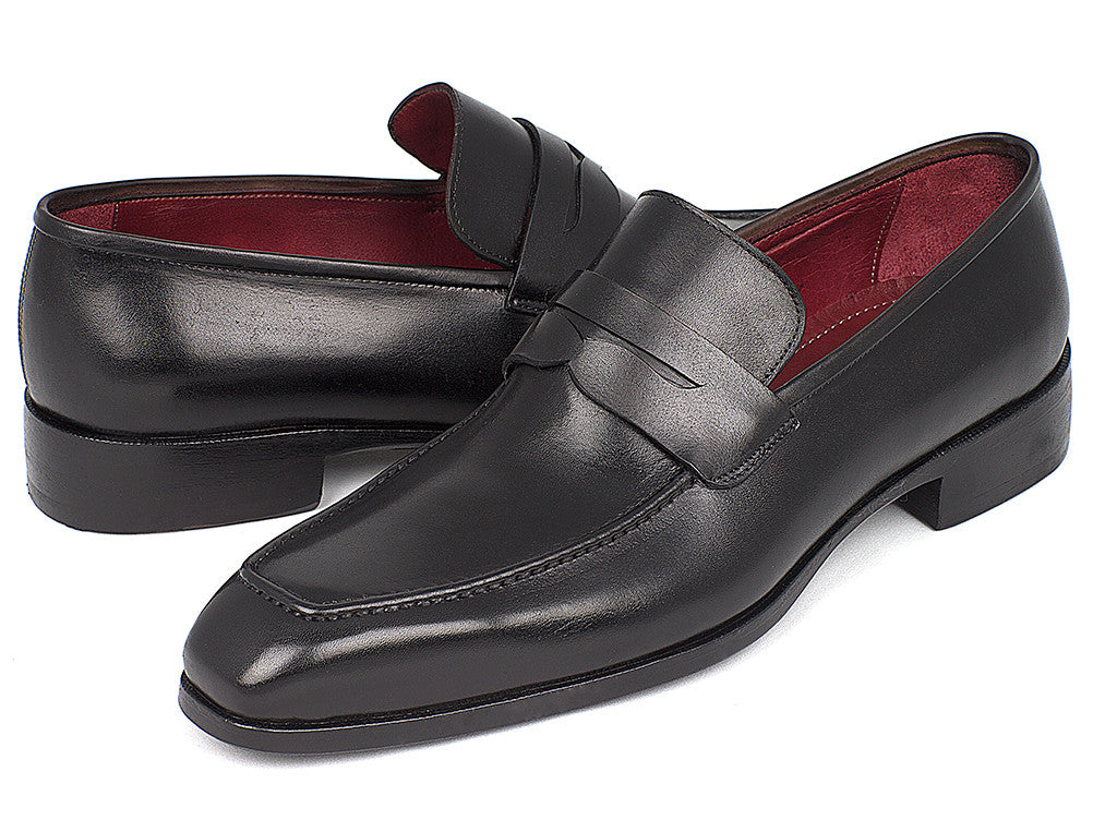 Paul Parkman Men's Penny Loafer in black calfskin leather, showcasing hand-painted finish and antique leather sole.