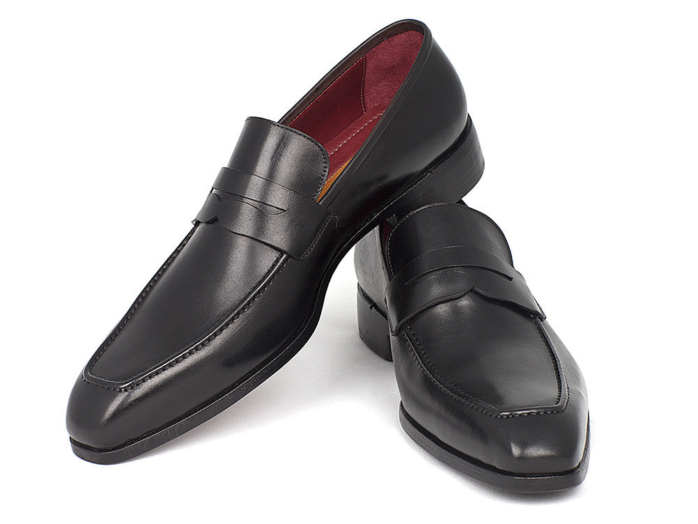 Paul Parkman Men's Penny Loafer in black calfskin leather, showcasing hand-painted finish and antique leather sole.