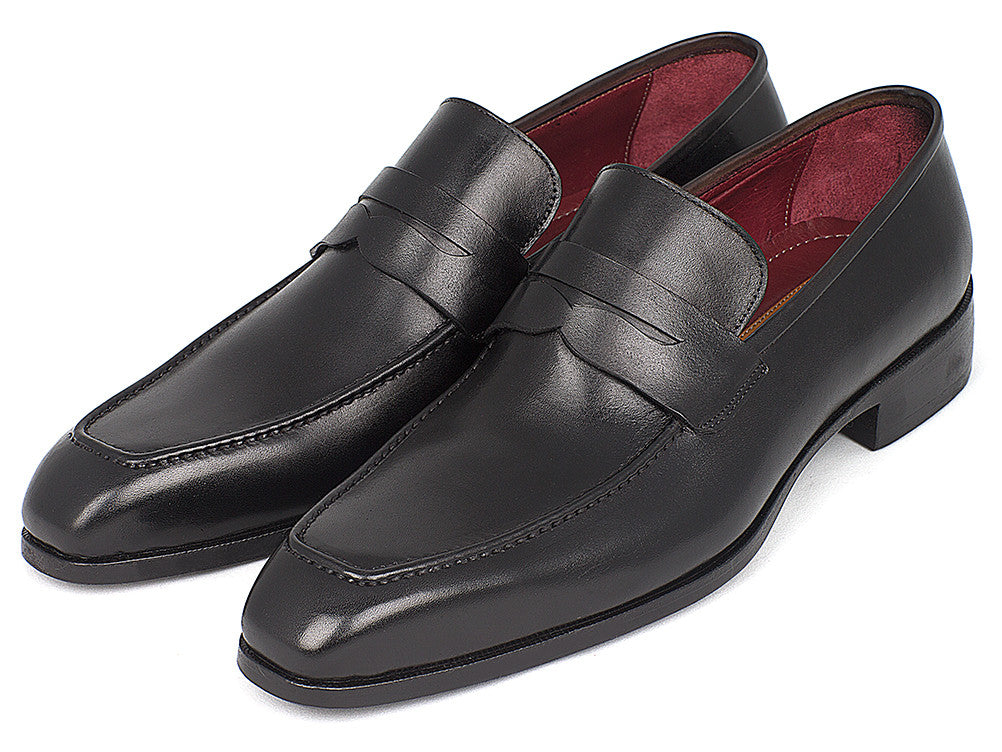 Paul Parkman Men's Penny Loafer in black calfskin leather, showcasing hand-painted finish and antique leather sole.