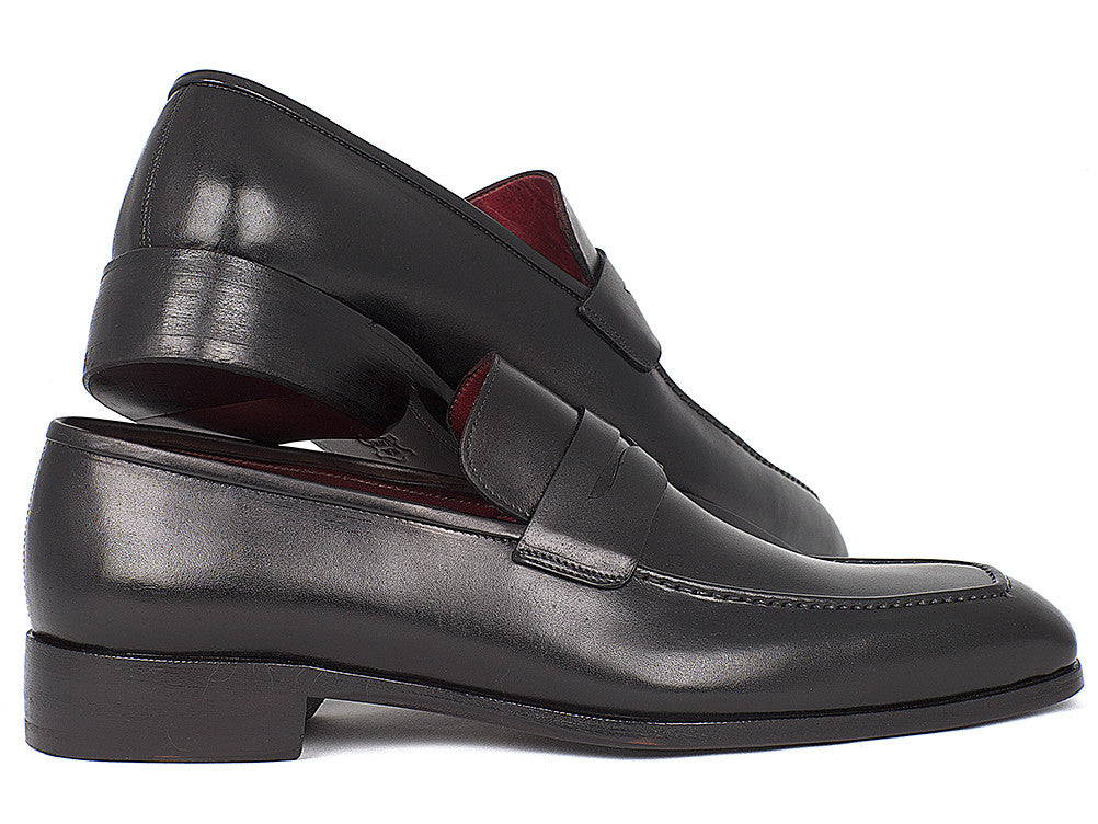 Paul Parkman Men's Penny Loafer in black calfskin leather, showcasing hand-painted finish and antique leather sole.