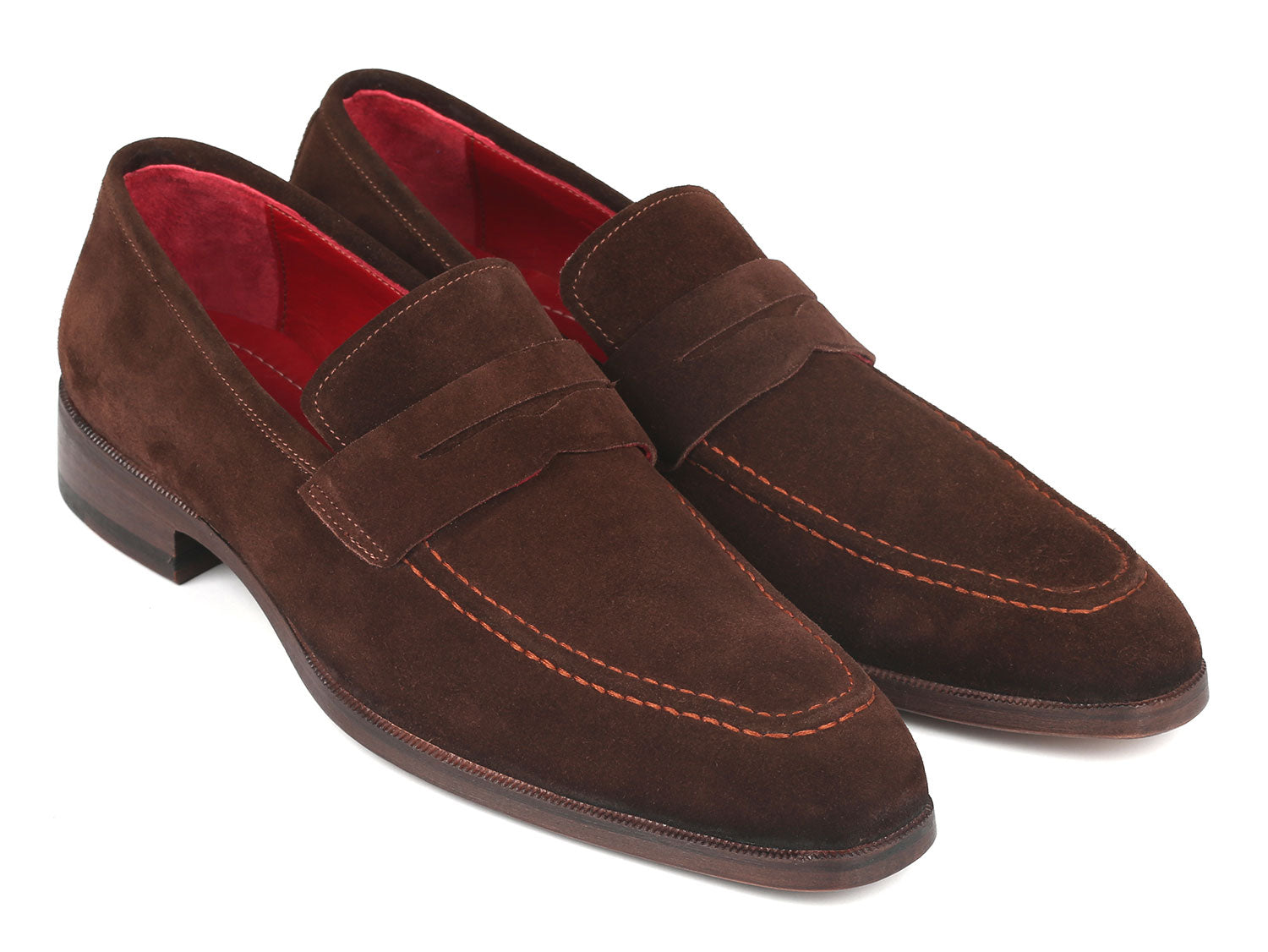 Paul Parkman Men's Penny Loafers in brown suede with antique leather sole and bordeaux lining, showcasing elegant craftsmanship.