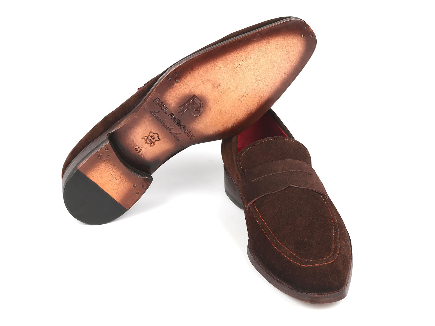 Paul Parkman Men's Penny Loafers in brown suede with antique leather sole and bordeaux lining, showcasing elegant craftsmanship.