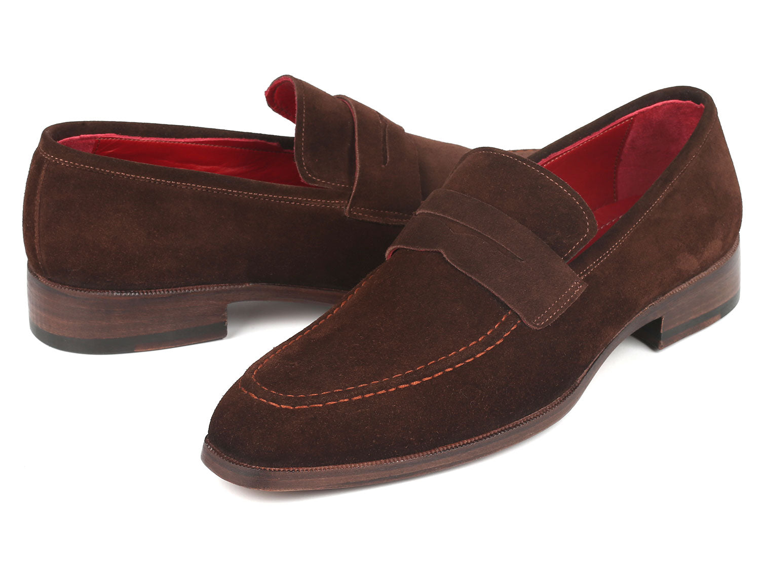 Paul Parkman Men's Penny Loafers in brown suede with antique leather sole and bordeaux lining, showcasing elegant craftsmanship.