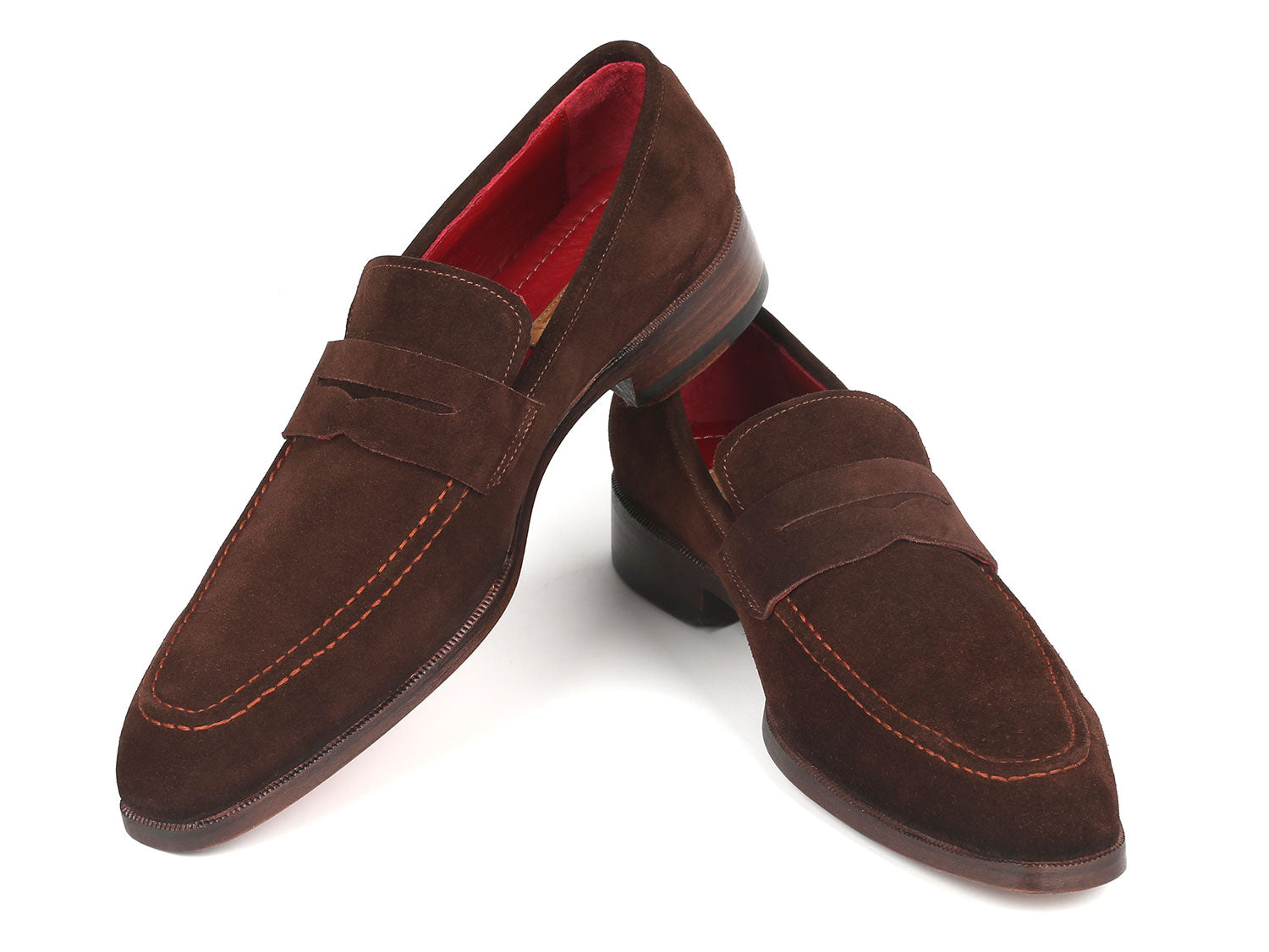 Paul Parkman Men's Penny Loafers in brown suede with antique leather sole and bordeaux lining, showcasing elegant craftsmanship.