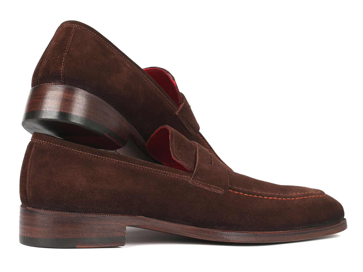 Paul Parkman Men's Penny Loafers in brown suede with antique leather sole and bordeaux lining, showcasing elegant craftsmanship.